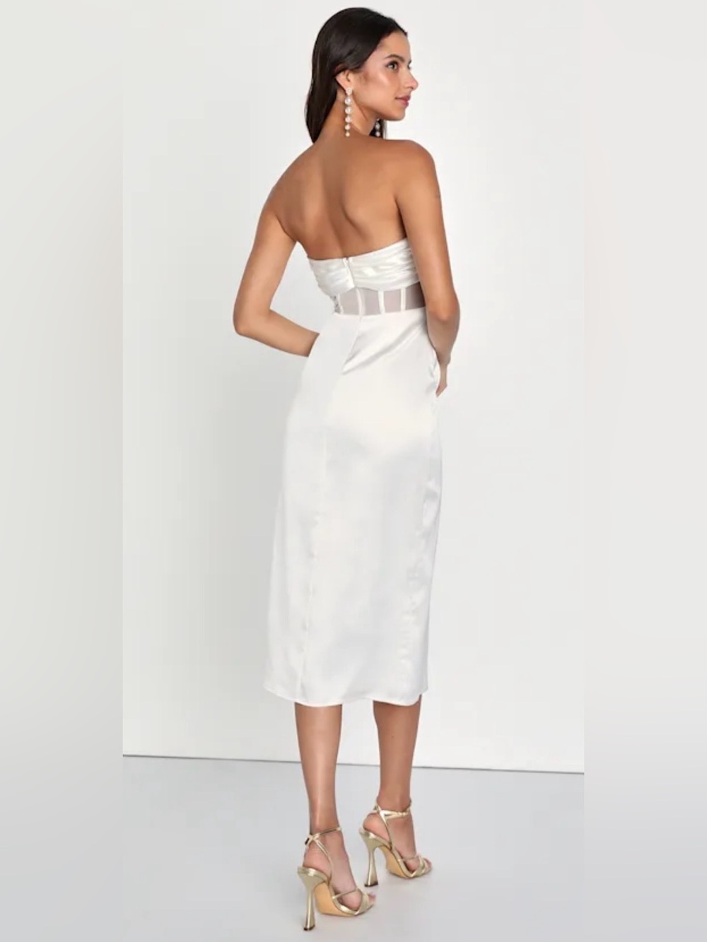 Lulus NWT High-Class Hottie White Satin Strapless Bustier Midi Sz L #2082736 - Picture 10 of 16